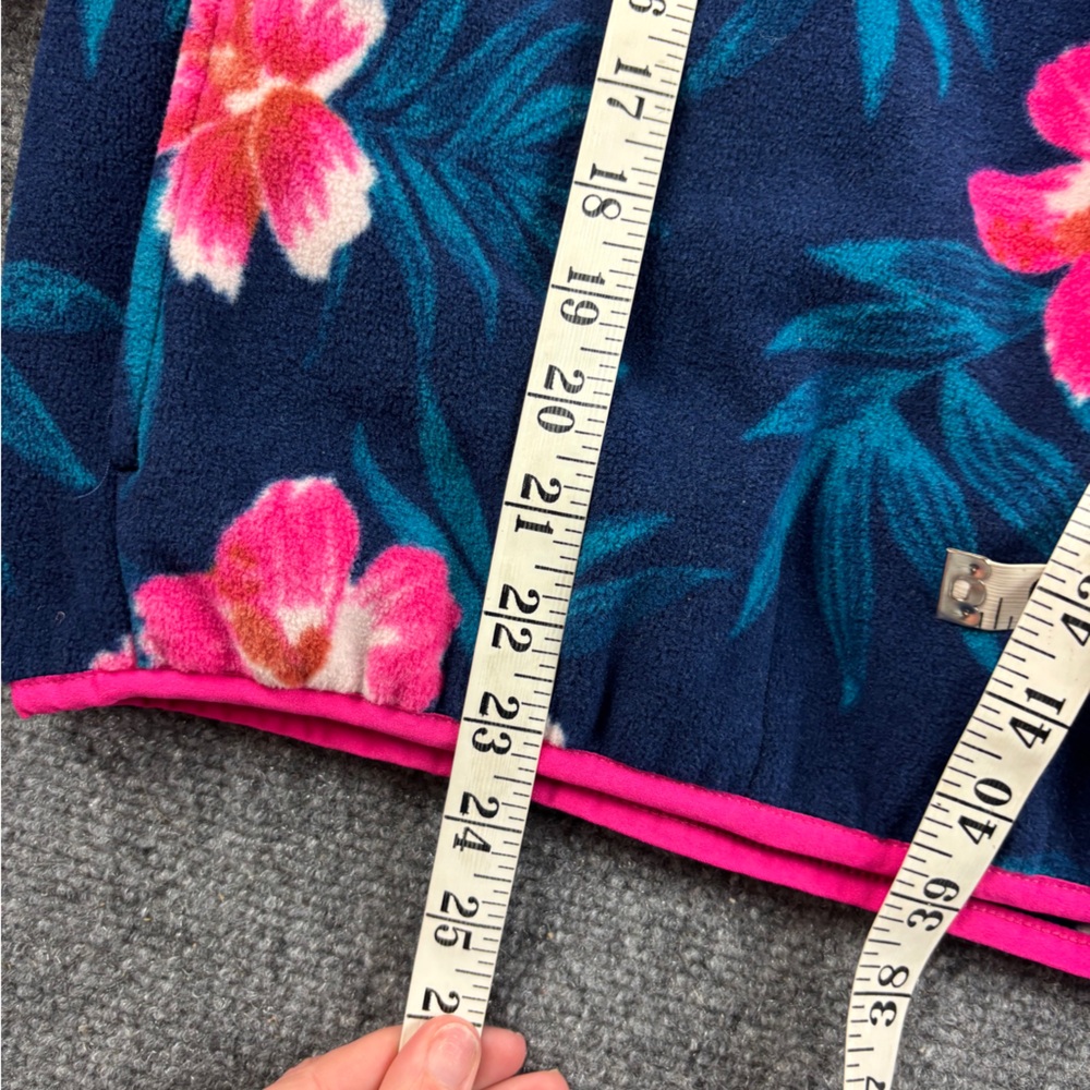 LANDS END Girls Heritage Fleece Snap Neck Sweatshirt Blue/Pink Floral Hibiscus M - Picture 6 of 7